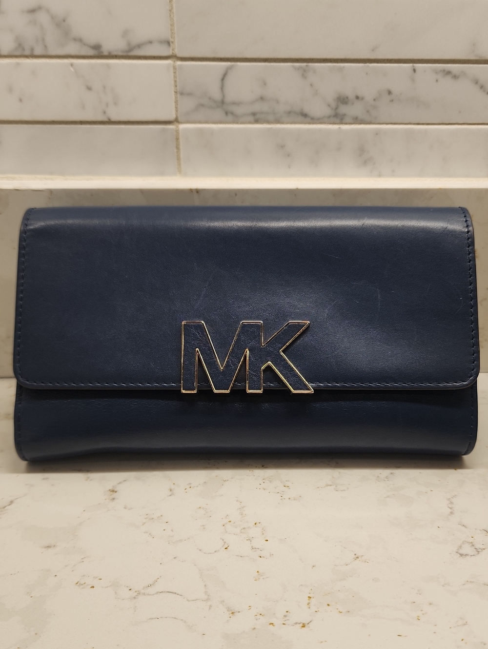 Michael Kors Navy Leather MK Logo Clutch with Gold Hardware
